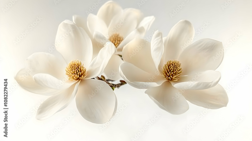 Close-up Photo of Three Delicate Creamy White Magnolia Blossoms on a Branch Against a Bright White Background Close-up Photo of Three Delicate Creamy White Magnolia Blossoms on a Branch Against a Bright White Background