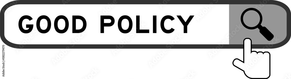 Search banner in word good policy with hand over magnifier icon on white background Search banner in word good policy with hand over magnifier icon on white background