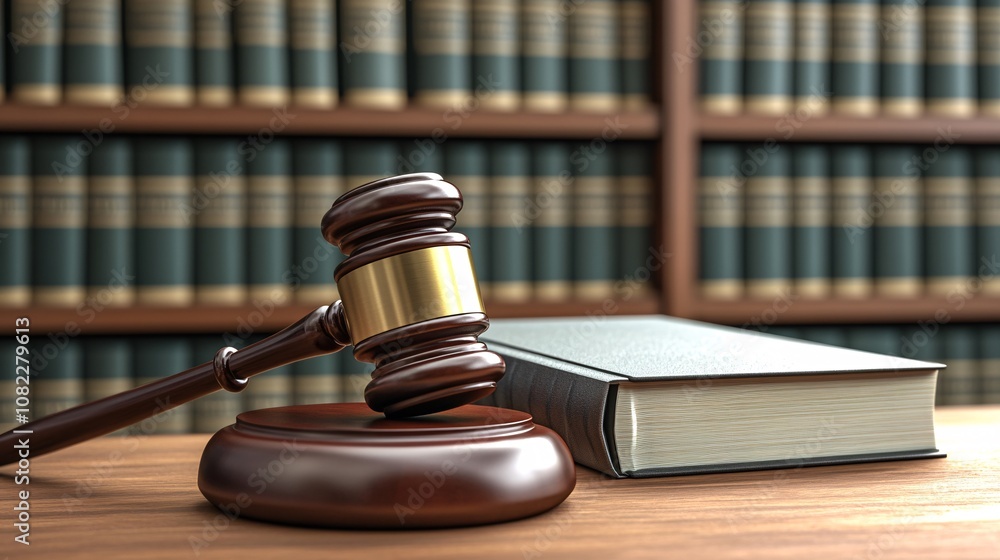 Gavel on Desk with Law Books in Background, Symbolizing Justice and Legal Authority in a Courtroom Setting, Ideal for Legal Themes and Illustrations Gavel on Desk with Law Books in Background, Symbolizing Justice and Legal Authority in a Courtroom Setting, Ideal for Legal Themes and Illustrations