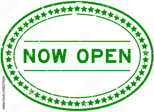Grunge green now open word oval rubber seal stamp on white background