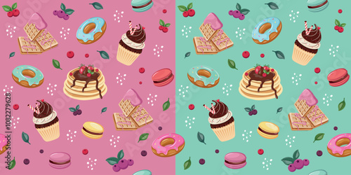 Bright, beautiful seamless pattern with the image of sweet pastries, various desserts. Vector design for fabric, wallpaper, wrapping paper and more.