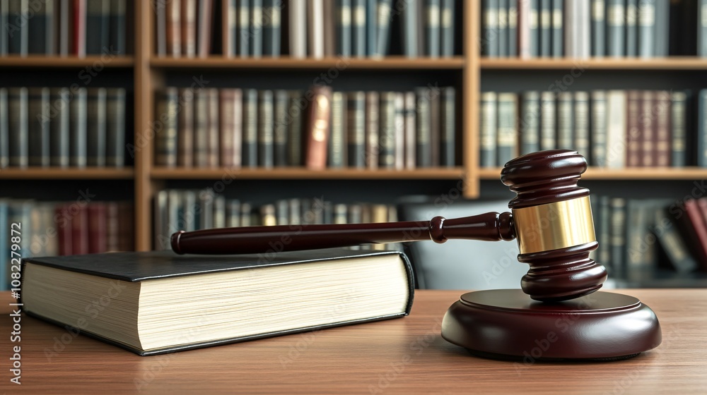 Wooden gavel resting on a polished wooden desk with an open law book in front of a well-stocked library filled with legal books and volumes in background