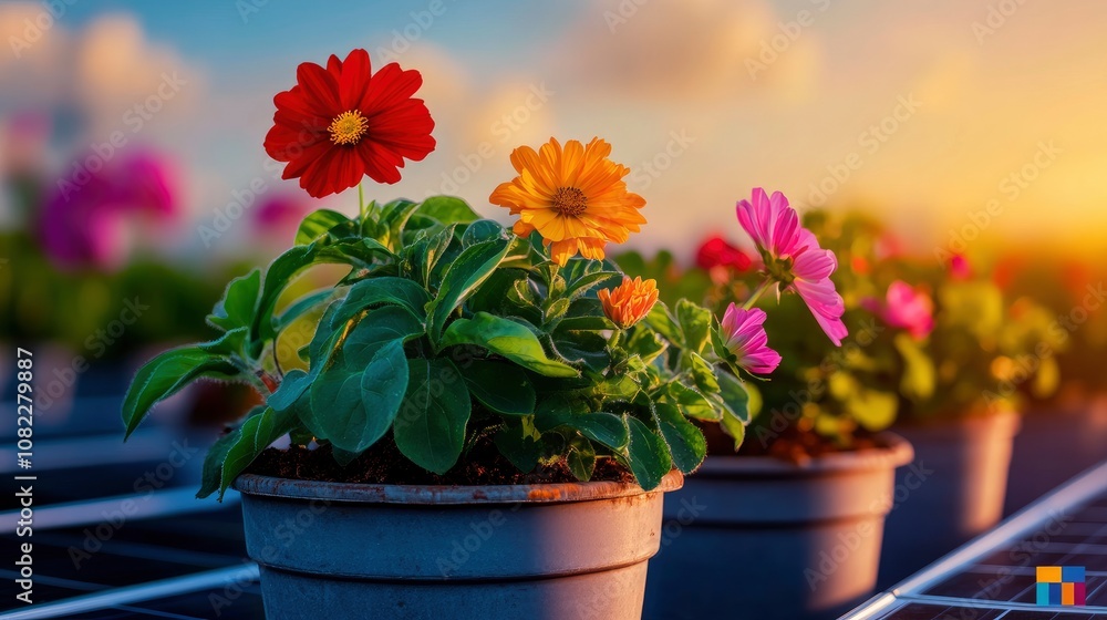 Colorful Flowers in Pots at Sunset Colorful Flowers in Pots at Sunset