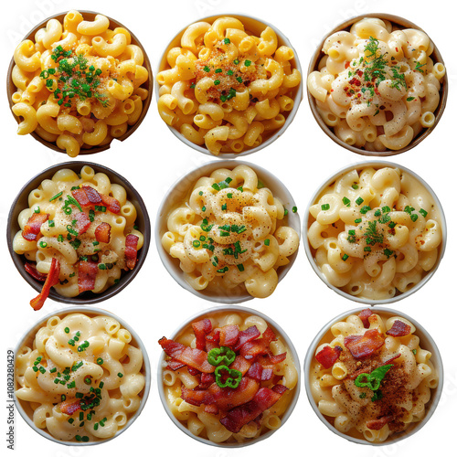 Assorted Mac and Cheese Varieties, Chives and Bacon Toppings, Nine Bowls, Rich Creamy Pasta, Culinary Diversity Isolated on white background or PNG