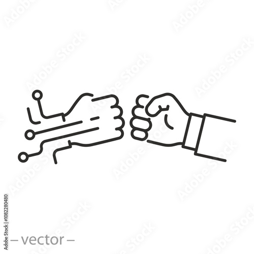 fight against artificial intelligence icon, confrontation between man and ai, fist robot against fist human, linear sign on white background - vector illustration eps10