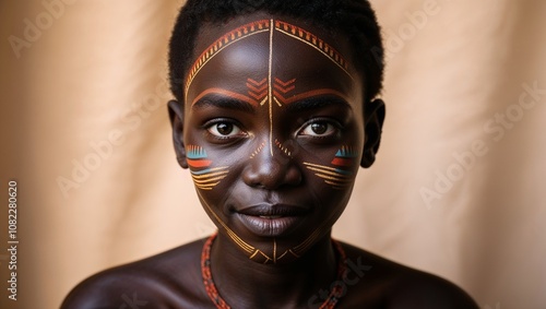Portrait of a young Black woman with traditional face paint celebrating Black History Month