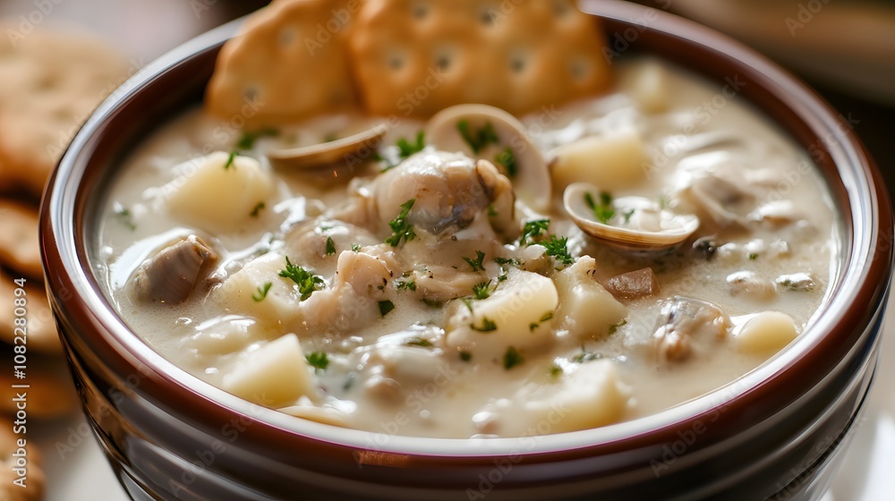 A bowl of clam chowder, creamy soup filled with clams, potatoes, and onions, served with oyster crackers.
A bowl of clam chowder, creamy soup filled with clams, potatoes, and onions, served with oyster crackers.