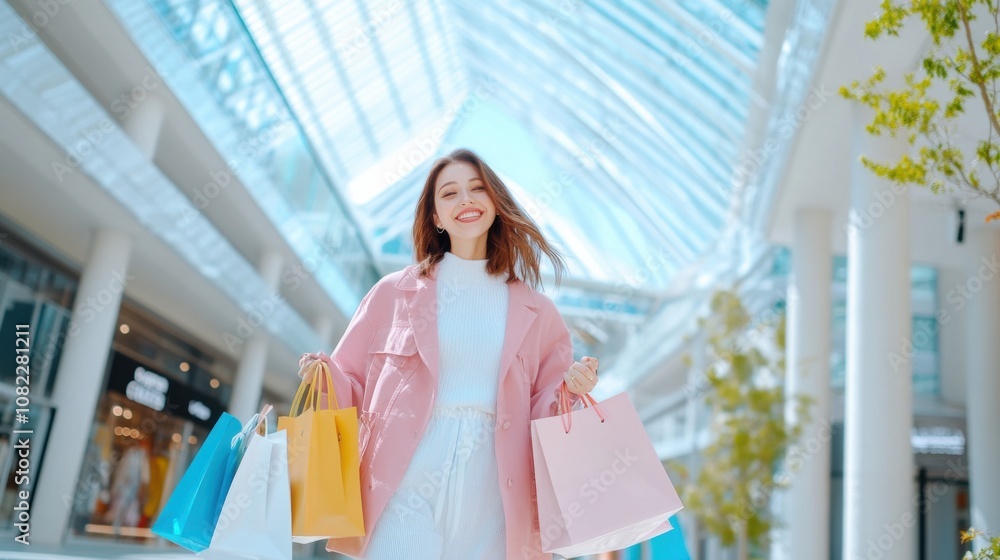 A cheerful young woman smiles as she walks through a contemporary shopping mall, carrying several brightly colored bags and enjoying a day out A cheerful young woman smiles as she walks through a contemporary shopping mall, carrying several brightly colored bags and enjoying a day out