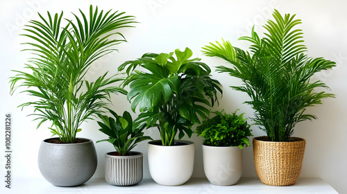 Lush Greenery: Five Potted Houseplants in Modern Planters against a White Wall