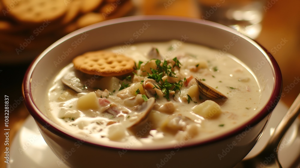 A bowl of clam chowder, creamy soup filled with clams, potatoes, and onions, served with oyster crackers.
A bowl of clam chowder, creamy soup filled with clams, potatoes, and onions, served with oyster crackers.