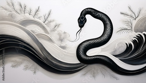 和風の水墨画風波模様を白地に施し、黒い蛇のシルエットをアクセントにした高級感ある年賀状背景デザイン。

