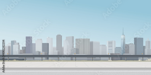 Cityscape view from sidewalk have skyscraper and blue sky background graphic illustration.