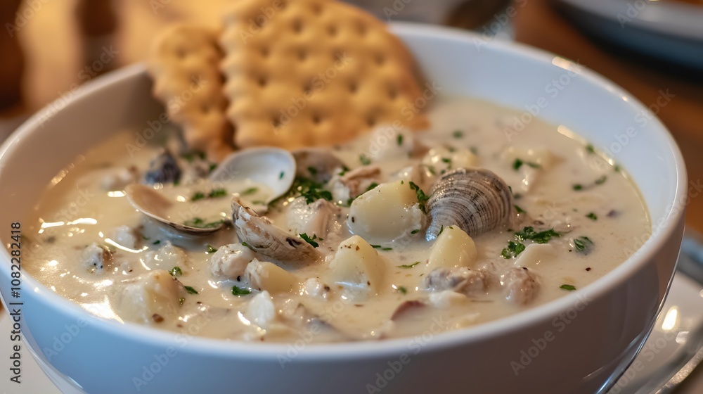 A bowl of clam chowder, creamy soup filled with clams, potatoes, and onions, served with oyster crackers.
A bowl of clam chowder, creamy soup filled with clams, potatoes, and onions, served with oyster crackers.