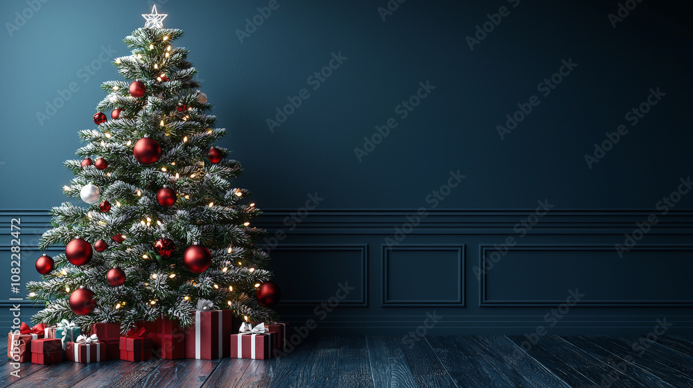 Fototapeta premium Elegant Christmas Tree with White Lights and Red Ornaments. Generative AI