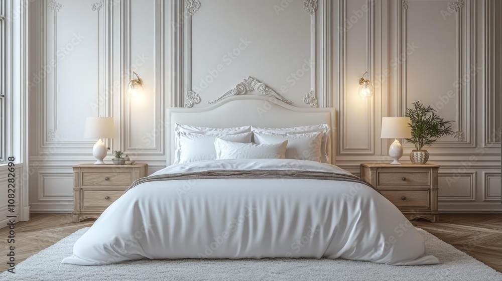 Minimalist White Bedroom with Classic Wall Paneling. Generative AI Minimalist White Bedroom with Classic Wall Paneling. Generative AI