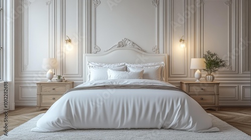 Wallpaper Mural Minimalist White Bedroom with Classic Wall Paneling. Generative AI Torontodigital.ca