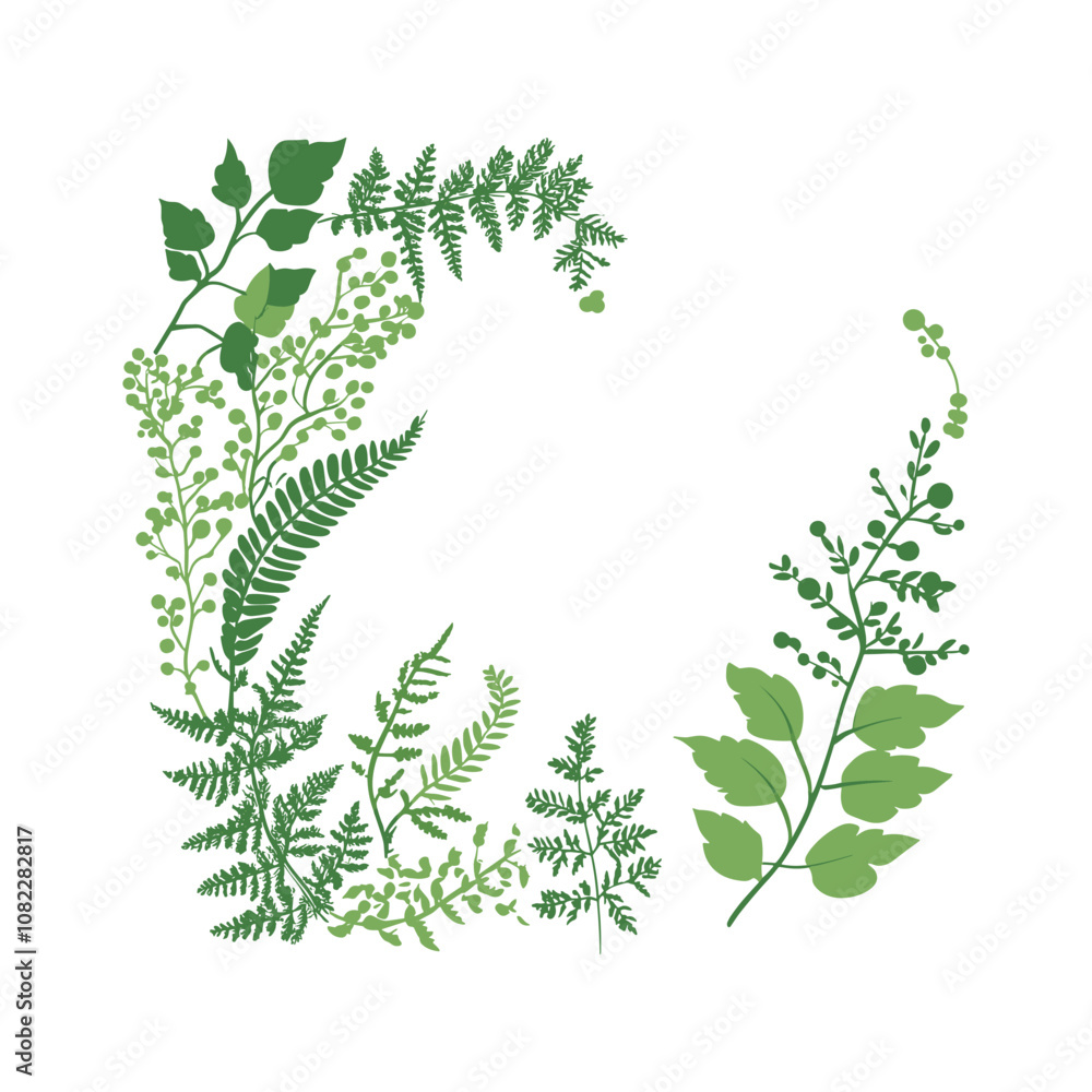 Green Leafy Plant Corner Border Vector Illustration with Ferns Green Leafy Plant Corner Border Vector Illustration with Ferns