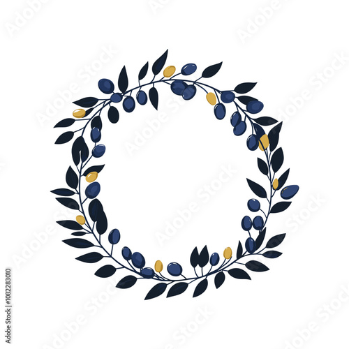 Blue and Yellow Berry Wreath Illustration in Minimalistic Circular Art photo