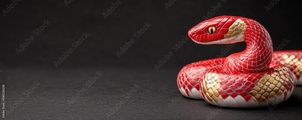 Fototapeta premium A vibrant red and gold snake gracefully coiled on a dark surface, showcasing its striking patterns and colors.