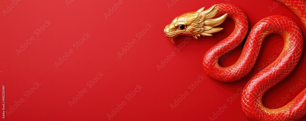A vibrant red background featuring a striking golden dragon head intertwined with a flowing red snake, symbolizing prosperity and good fortune. A vibrant red background featuring a striking golden dragon head intertwined with a flowing red snake, symbolizing prosperity and good fortune.