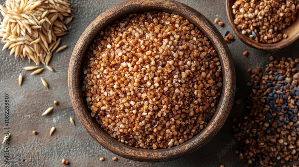 Kasha (Buckwheat Porridge) Top View on White Background. Generative AI Kasha (Buckwheat Porridge) Top View on White Background. Generative AI