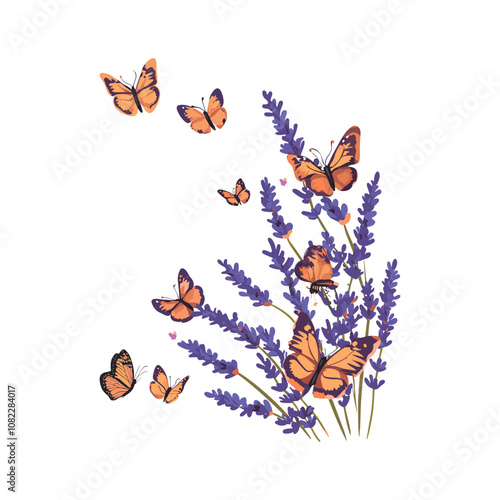 Lavender and butterflies in bloom - soothing floral illustration design