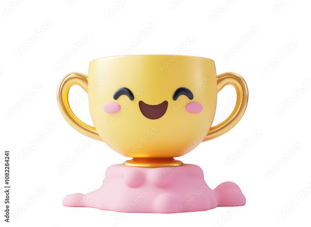3d icon Golden trophy emoji with happy face expressing winning and success on transparent background 3d icon Golden trophy emoji with happy face expressing winning and success on transparent background