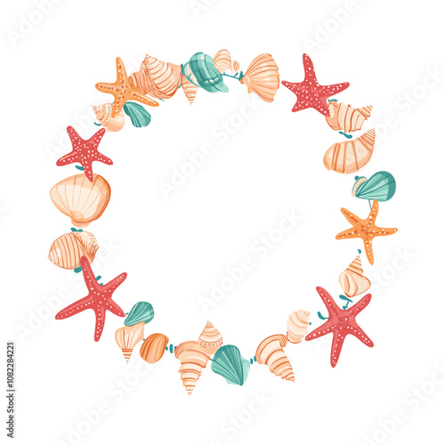 Seashell and starfish wreath - coastal decorative marine illustration