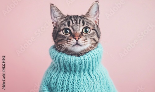 Cat in cozy blue sweater, adorable feline with striking green eyes, soft pink background, playful and charming expression photo