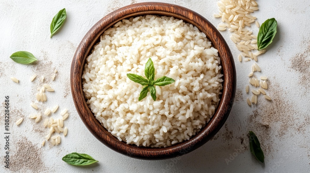 Bowl of Cooked White Rice with Basil. Generative AI Bowl of Cooked White Rice with Basil. Generative AI