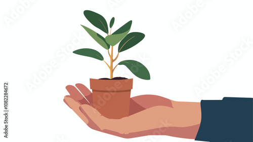 Close-Up of Human Hand Holding Plant in Pot - Flat Vector Illustration