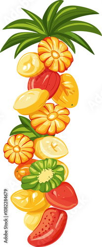 Tropical fruit skewer with variety of fruits in vibrant colors