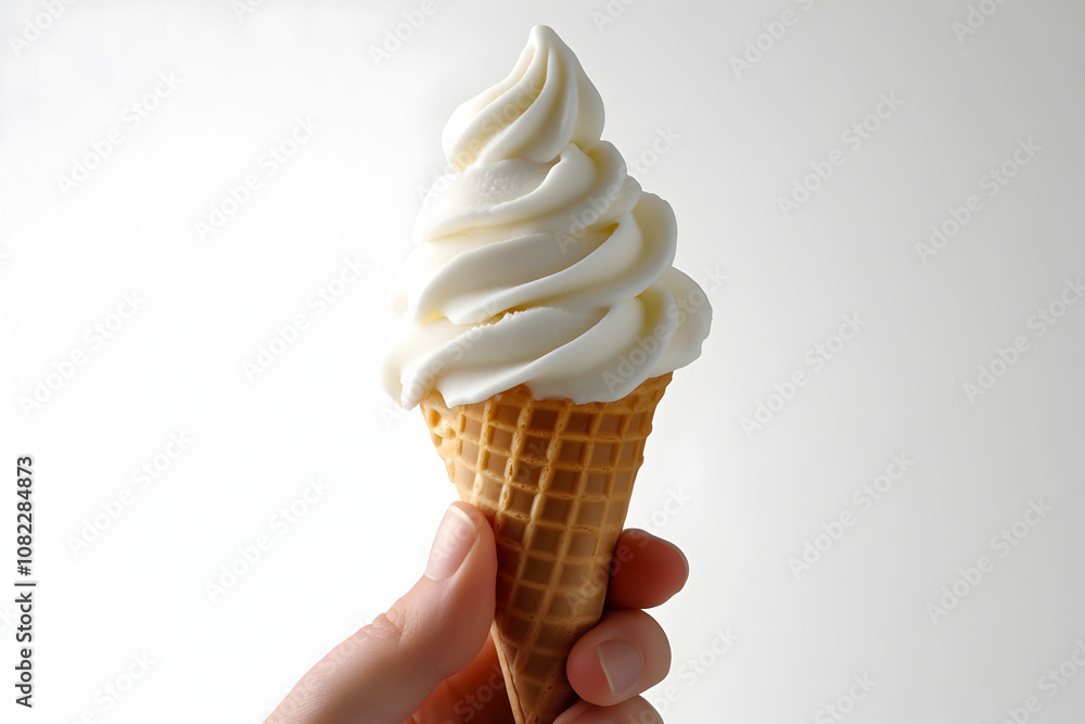 A hand presents a perfectly swirling soft serve ice cream atop a waffle cone in a bright space A hand presents a perfectly swirling soft serve ice cream atop a waffle cone in a bright space
