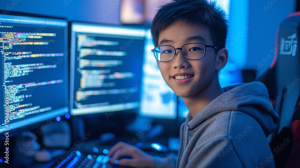 Teenage east asian boy with glasses enjoying computer coding in a tech setting