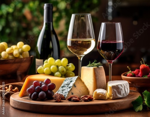 Sophisticated Wine and Cheese Pairing With a Selection of Fine Wines, Artisan Cheeses, Fresh Fruits, and Herb Garnishes for a Luxurious Dining Experience