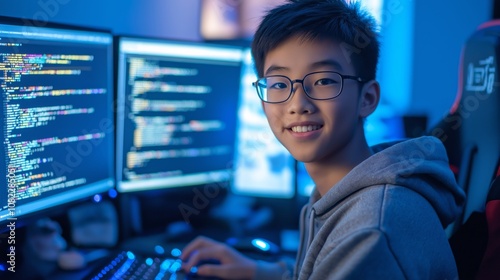 Obraz na płótnie Teenage east asian boy with glasses enjoying computer coding in a tech setting w salonie