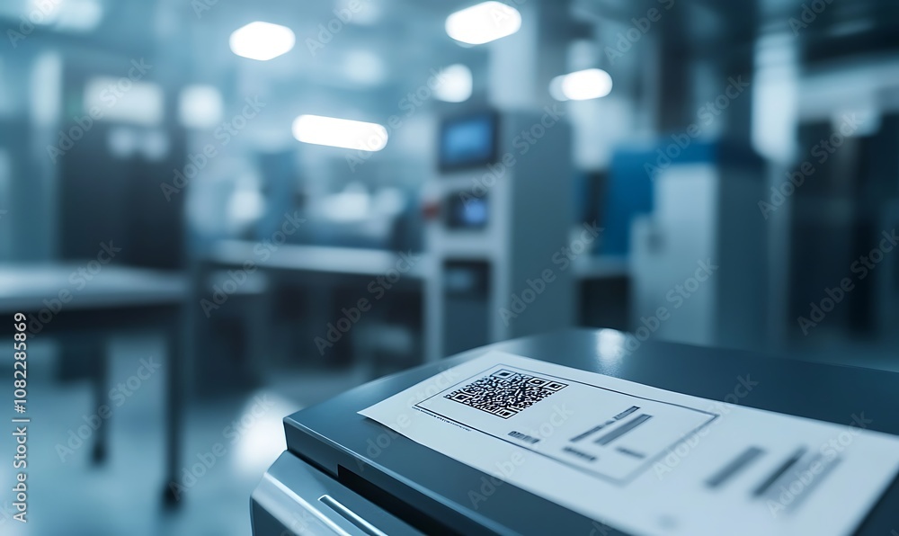 A close-up of a printer with a QR code label in a blurred industrial setting. A close-up of a printer with a QR code label in a blurred industrial setting.