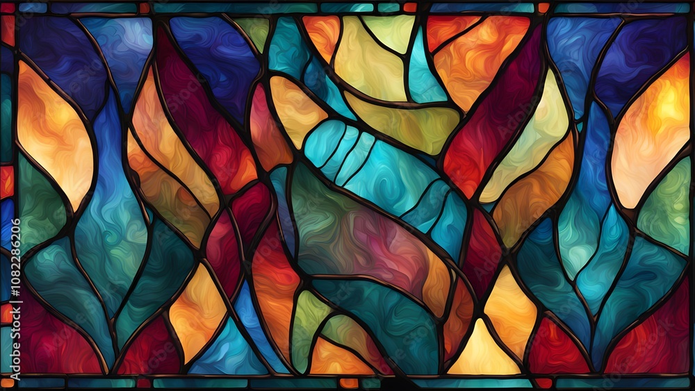 Abstract stained glass pattern with rich jewel tones and dark outlines, Ai Generated Abstract stained glass pattern with rich jewel tones and dark outlines, Ai Generated