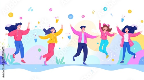 Colorful illustration of joyful people dancing and celebrating together.