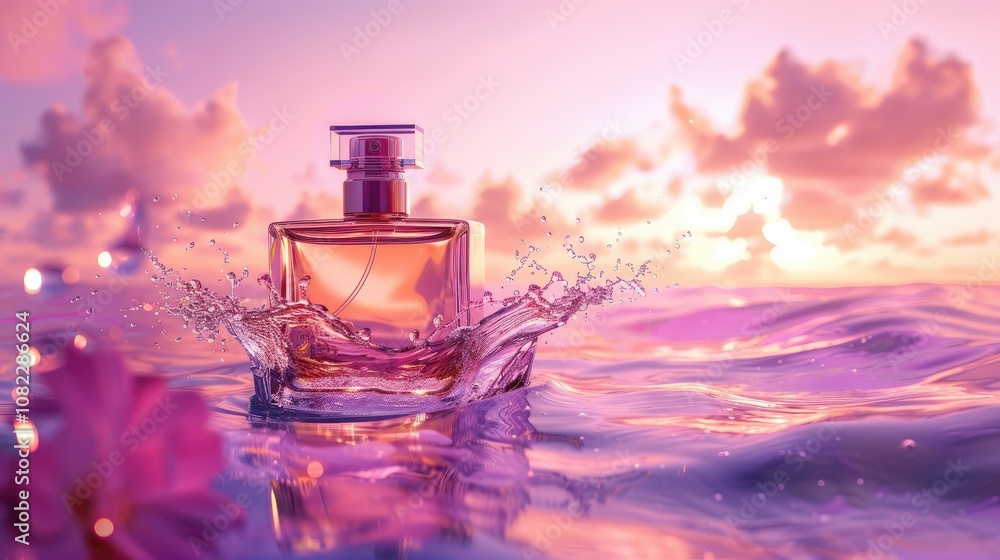a bottle of perfume on the water surface a bottle of perfume on the water surface