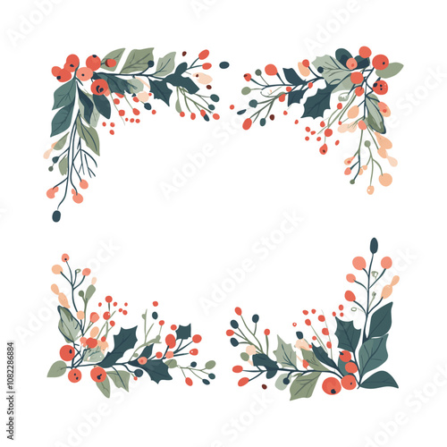 Festive Red Berry and Green Leaf Border Vector Illustration