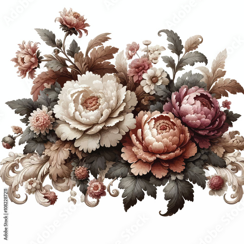 luxurious floral border design with peonies, chrysanthemums, and subtle acanthus leaves