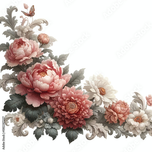 luxurious floral border design with peonies, chrysanthemums, and subtle acanthus leaves