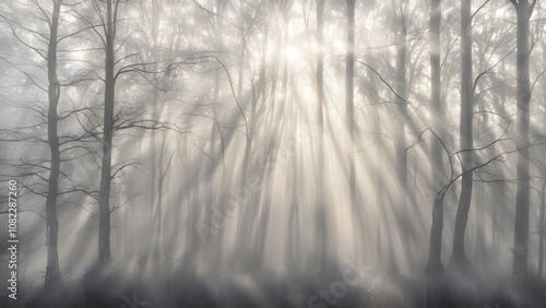 Wallpaper Mural Blurry sunbeams through dense fog in shades of grey silver and soft gold, AI Generated Torontodigital.ca