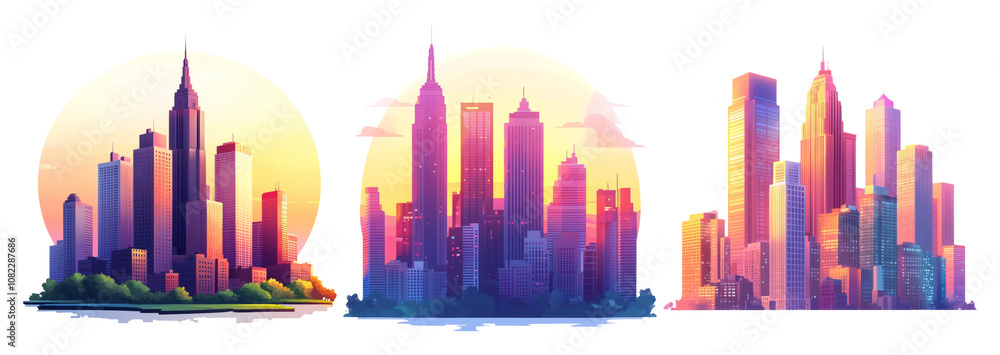 Obraz premium Colorful Urban Skyline Illustration with Sunset Hues