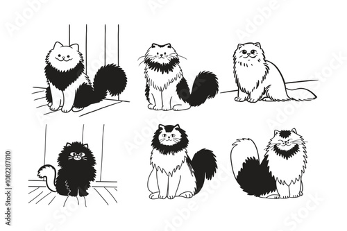 Cat vector design, labeled silhouette linocut art illustration.