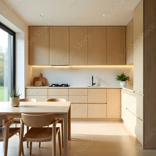 Wallpaper Mural A modern, minimalist kitchen with light wood cabinets, a wooden dining table and chairs, and a simple backsplash. The space has a warm, natural feel with plenty of natural light Torontodigital.ca