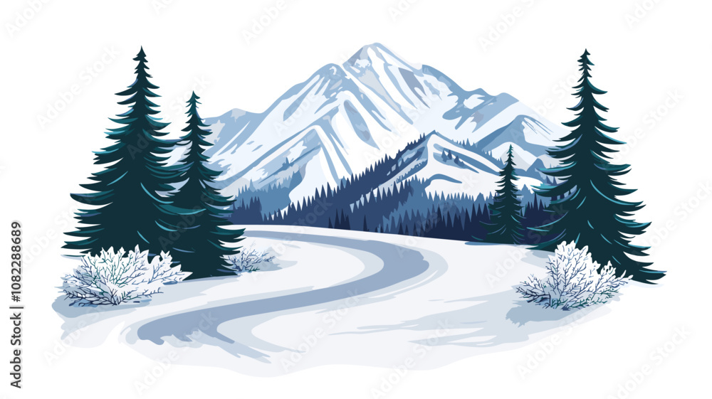 Fototapeta premium Curved snowy road with trees and mountains in a serene winter setting