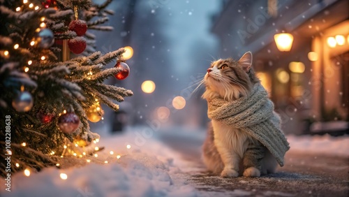 Happy Christmas fluffy Сat in a knitted cozy scarf looking at the decorated Christmas tree on an evening snowy street, adorned with glittering and shining New Year lights and decorations.