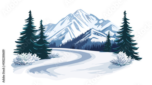 Curved snowy road with trees and mountains in a serene winter setting